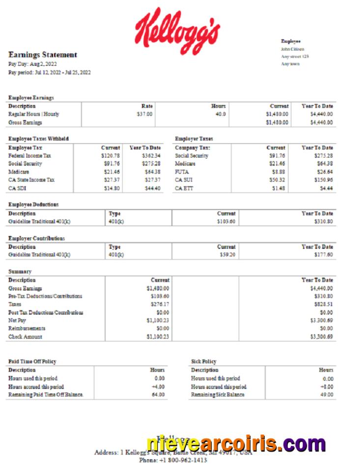 USA Kellog food processing company pay stub